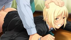 Rule 34 | 1boy, 1girl, blonde hair, brown eyes, censored, clenched teeth, clothed sex, clothes lift, game cg, head grab, hetero, holding another&#039;s wrist, lying, on floor, on stomach, prone bone, rape, sakura romako, school uniform, sex, sex from behind, skirt, skirt lift, teeth