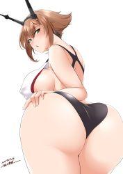 Rule 34 | 1girl, artist name, ass, black one-piece swimsuit, blush, breasts, brown hair, competition swimsuit, dated, embarrassed, covered erect nipples, from behind, green eyes, hand on own ass, headgear, highres, huge ass, kantai collection, kiriki haruomi, large breasts, looking at viewer, looking back, mutsu (kancolle), one-piece swimsuit, open mouth, short hair, sideboob, simple background, solo, swimsuit, two-tone swimsuit, upper body, white background, white one-piece swimsuit
