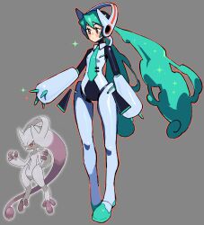 Rule 34 | 1girl, adapted costume, aqua hair, aqua necktie, arm at side, armor, bodysuit, brown eyes, collared shirt, commentary, creatures (company), crossover, english commentary, full body, game freak, gen 1 pokemon, green footwear, green hair, grey background, hatsune miku, headphones, highres, joints, kaatokun, legendary pokemon, long hair, looking ahead, low twintails, mega mewtwo y, mega pokemon, mewtwo, necktie, nintendo, pokemon, project voltage, reaching, red eyes, robot joints, shirt, simple background, sparkle, standing, tie clip, twintails, very long hair, vocaloid