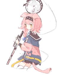 Rule 34 | 1girl, animal ears, arknights, belt, belt buckle, black hairband, black skirt, blush, blush stickers, bow, braid, buckle, commentary, cropped legs, dot nose, english commentary, floppy ears, from behind, goldenglow (arknights), hair bow, hairband, holding, jacket, long hair, looking back, melanbread, miniskirt, open clothes, open jacket, pink hair, pleated skirt, purple bow, simple background, single braid, sketch, skirt, solo, tail, thighhighs, white background, white thighhighs, yellow belt, yellow eyes