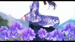Rule 34 | 1girl, black hakama, bow, brown hair, danjou sora, day, field, floral print, flower, flower field, from side, hair bow, hakama, hakama skirt, head out of frame, japanese clothes, kimono, letterboxed, long hair, long sleeves, mountain, original, outdoors, own hands together, purple flower, red bow, skirt, solo, white kimono, wide sleeves