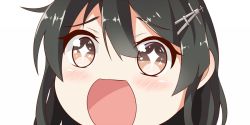 Rule 34 | 10s, 1girl, black hair, brown eyes, eyebrows, gradient eyes, hair between eyes, hair ornament, hairclip, kantai collection, looking at viewer, multicolored eyes, nahaki, open mouth, oyashio (kancolle), portrait, simple background, sin-poi, solo, sparkling eyes, symbol-shaped pupils, white background