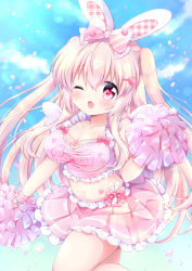 Rule 34 | 1girl, ;d, animal ears, bow, breasts, rabbit ears, cheerleader, chiika (cure cherish), cleavage, cloud, collarbone, confetti, cowboy shot, frilled skirt, frills, hair bow, hair ornament, hairclip, heart, heart hair ornament, large breasts, long hair, looking at viewer, midriff, navel, one eye closed, open mouth, original, outdoors, pink bow, pink eyes, pink skirt, pink tank top, pom pom (cheerleading), skirt, sky, smile, solo, striped, striped bow, tank top, two side up, waist bow, white hair, wrist cuffs