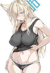 Rule 34 | 1girl, alternate costume, animal ears, black panties, black shirt, blonde hair, blue archive, blush, breasts, cle masahiro, cleavage, clothes lift, cowboy shot, extra ears, hair over one eye, halo, highres, kanna (blue archive), large breasts, long hair, midriff, navel, panties, sharp teeth, shirt, shirt lift, simple background, solo, strap slip, teeth, underwear, white background
