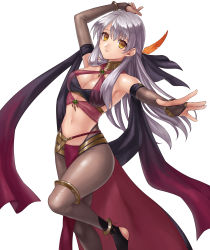 1girl, absurdres, alternate costume, anklet, arm up, bandeau, bangs, bracelet, commentary request, commission, cosplay, criss-cross halter, dancer, dorothea arnault, dorothea arnault (cosplay), elbow gloves, eyebrows visible through hair, feathers, fingerless gloves, fire emblem, fire emblem: radiant dawn, fire emblem heroes, gloves, grey gloves, grey legwear, hair feathers, halterneck, hazuki (nyorosuke), highres, jewelry, long hair, looking at viewer, micaiah (fire emblem), midriff, navel, nintendo, outside border, pantyhose, parted lips, shawl, silver hair, simple background, skeb commission, solo, standing, stomach, thighlet, thighs, white background, yellow eyes