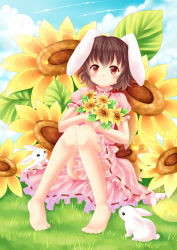 Rule 34 | 1girl, animal, animal ears, artist name, barefoot, brown hair, carrot necklace, cloud, day, dress, flower, frilled dress, frills, inaba tewi, jewelry, looking at viewer, necklace, pendant, pink dress, puffy short sleeves, puffy sleeves, rabbit, rabbit ears, red eyes, short hair, short sleeves, sitting, sky, smile, sunflower, touhou, villyane