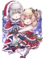 Rule 34 | 2girls, :d, :o, ahoge, ayano rika, ayano rika (christmas ver.), bare arms, bell, black bow, black gloves, black ribbon, blonde hair, blue eyes, blue gemstone, blue gloves, blue ribbon, blue skirt, blush, boots, border, bow, brown gloves, brown legwear, capelet, choker, christmas, diagonal bangs, dress, eyes visible through hair, frilled capelet, frilled dress, frilled skirt, frills, from side, full body, fur-trimmed capelet, fur-trimmed dress, fur trim, gem, gloves, gold trim, grey hair, hair bell, hair between eyes, hair bow, hair ornament, hair over one eye, hair ribbon, highres, hood, hood up, hooded capelet, hug, isuzu ren, isuzu ren (christmas ver.), kneehighs, looking at viewer, magia record: mahou shoujo madoka magica gaiden, mahou shoujo madoka magica, medium hair, multiple girls, octagram, oh ring, open mouth, outline, overskirt, pom pom (clothes), red capelet, red dress, red eyes, red footwear, ribbon, shoes, short dress, sidelocks, skirt, smile, snowing, socks, tress ribbon, two side up, white border, white footwear, white outline