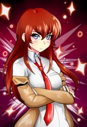 Rule 34 | 1girl, angie bunnie, artist name, blush, breasts, brown jacket, closed mouth, collared shirt, crossed arms, frown, hair between eyes, highres, jacket, long hair, looking at viewer, makise kurisu, medium breasts, off shoulder, open clothes, open jacket, purple eyes, red background, red hair, red neckwear, shirt, signature, sleeves past wrists, solo, sparkle, steins;gate, thick eyebrows, white shirt, wing collar