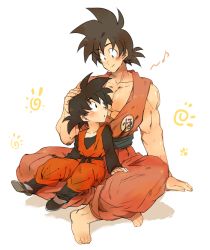 Rule 34 | 2boys, :o, animal hands, bad id, bad pixiv id, barefoot, black eyes, black hair, blush, child, crossed legs, dougi, dragon ball, dragonball z, father and son, fingernails, full body, hands on another&#039;s head, hano (hanos91), happy, long sleeves, looking at viewer, looking down, looking up, male focus, multiple boys, musical note, pectorals, quarter note, shadow, short hair, simple background, sitting, sitting on lap, sitting on person, size difference, smile, son goku, son goten, spiked hair, sun, white background