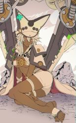 Rule 34 | 1girl, ass, barefoot, belt, belt bra, breasts, cape, chromatic aberration, cleavage, closed mouth, clover, dark skin, dark-skinned female, feet, four-leaf clover, guilty gear, guilty gear xrd, hair between eyes, hat, highres, huge weapon, large breasts, looking at viewer, lying, medium breasts, medium hair, midriff, navel, on side, orange eyes, ramlethal valentine, roas01b, rock, short shorts, shorts, signature, skindentation, solo, staring, sword, thick thighs, thigh strap, thighs, toenails, toes, toned, underboob, weapon, white hair