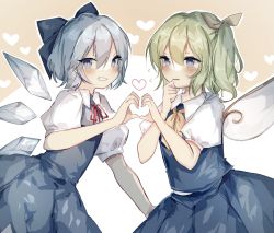Rule 34 | blue bow, blue eyes, blue hair, blue skirt, blue vest, blush, bow, cirno, daiyousei, detached wings, fairy wings, green hair, grin, hair between eyes, hair bow, heart, heart hands, heart hands duo, highres, ice, ice wings, neck ribbon, open mouth, red neckwear, ribbon, shirt, short hair, short sleeves, side ponytail, skirt, smile, sorani (kaeru0768), touhou, upper body, vest, white background, white shirt, wings, yellow background, yellow bow, yellow neckwear