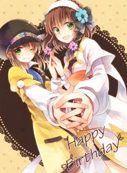 Rule 34 | 2girls, ao2222, bike shorts, black hat, brown hair, coat, dual persona, flower, green eyes, hairband, hat, holding hands, leia rolando, multicolored hair, multiple girls, one eye closed, ribbon, tales of (series), tales of xillia, tales of xillia 2, two-tone hair, wink