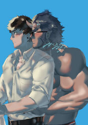 Rule 34 | 2boys, absurdres, bara, blue hair, blush, broken horn, couple, dark blue hair, demon boy, demon horns, facial hair, from side, glasses, goatee stubble, head on another&#039;s shoulder, highres, horns, looking ahead, male focus, monmonhomon, multiple boys, muscular, muscular male, mutton chops, profile, protagonist 4 (housamo), short hair, stubble, takemaru (housamo), textless version, thick eyebrows, tokyo houkago summoners, topless male, upper body, yaoi