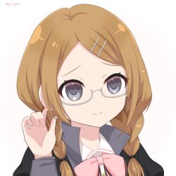 Rule 34 | 1girl, assault lily, black jacket, bow, bowtie, braid, brown hair, closed mouth, collared shirt, commentary request, gradient background, grey-framed eyewear, grey eyes, grey hair, hair ornament, hairclip, hand up, highres, jacket, juliet sleeves, long hair, long sleeves, looking at viewer, ludvico private girls&#039; academy school uniform, matsunaga brigitta kayo, navel, parted bangs, piatin, pink background, pink bow, pink bowtie, portrait, puffy sleeves, raised eyebrows, school uniform, semi-rimless eyewear, shirt, smile, solo, twin braids, twintails, twitter username, under-rim eyewear, white background, white shirt