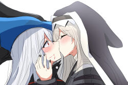 Rule 34 | 2girls, absurdres, akabeko123, arknights, black hat, black nails, blue hat, blush, closed eyes, commentary request, fingernails, from side, grey hair, hand in another&#039;s hair, hat, highres, kiss, long hair, long sleeves, multiple girls, nail polish, portrait, profile, red eyes, simple background, skadi (arknights), sketch, specter (arknights), two-sided fabric, two-sided headwear, veil, white background, yuri