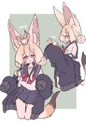 Rule 34 | 1girl, absurdres, animal, animal ear fluff, animal ears, animal on head, black cardigan, blonde hair, blush, border, bow, bowtie, cardigan, cardigan partially removed, commentary request, creature and personification, cropped legs, double bun, fennec fox, film grain, fox ears, fox girl, fox on head, fox tail, from side, green background, grey sailor collar, grey skirt, hair bun, highres, holding, holding animal, long sleeves, looking at animal, medium hair, megateru, multiple views, notice lines, on head, open cardigan, open clothes, open mouth, original, outside border, pleated skirt, profile, red bow, red bowtie, red eyes, sailor collar, school uniform, serafuku, shirt, short sleeves, sidelocks, simple background, skirt, sleeves past fingers, sleeves past wrists, tail, white border, white shirt