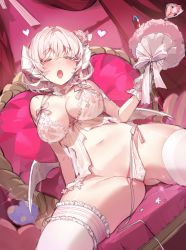 Rule 34 | 1girl, :o, absurdres, babydoll, blush, bouquet, breasts, cleavage, crossed bangs, demon girl, final fantasy, final fantasy xiv, flower, gluteal fold, hair ornament, heart, highres, horns, large breasts, looking at viewer, mendou kusai, navel, open mouth, original, short hair, sitting, thighhighs, thighs, warrior of light (ff14), white babydoll, white hair, white thighhighs, wings
