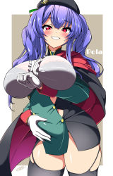 Rule 34 | 1girl, azur lane, blush, breast lift, breasts, bulge, cape, erection, erection under clothes, futanari, hand on penis, highres, huge breasts, looking at viewer, pola (azur lane), purple hair, red eyes, sayossa (pak-front), simple background, smile, solo, thick thighs, thighs