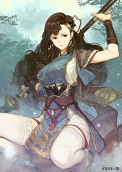 Rule 34 | 1girl, artist name, benizuki (toukiden), breasts, brown hair, earrings, hair ornament, hidari (left side), japanese clothes, jewelry, large breasts, light particles, long hair, official art, polearm, red eyes, silhouette, solo, squatting, thighhighs, toukiden, toukiden 2, tree, very long hair, watermark, weapon, white thighhighs