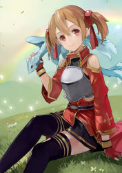 Rule 34 | 10s, 1girl, armor, breastplate, brown hair, dragon, fingerless gloves, gloves, hair ribbon, highres, insoom, pina (sao), red eyes, ribbon, short hair, silica, sitting, sword art online, thighhighs, twintails