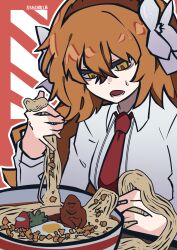 Rule 34 | 1girl, ai-generated art (topic), ai drawing anime characters eating ramen (meme), among us, artist name, bow, bowl, brown hairband, chocolate, coco (556ch0cl8), crewmate (among us), egg, egg (food), food, gorilla, hairband, harambe, highres, holding, holding food, ishmael (project moon), limbus company, meme, necktie, noodles, open mouth, orange hair, project moon, ramen, red necktie, ribbon, shirt, solo, white bow, white ribbon, white shirt, you&#039;re doing it wrong