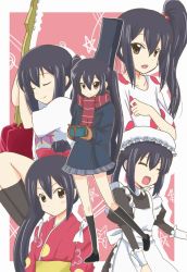 Rule 34 | 1girl, bad id, bad pixiv id, black hair, brown eyes, closed eyes, coat, gift, guitar, hair bobbles, hair ornament, hat, instrument, japanese clothes, k-on!, kimono, legs, listen!!, long hair, maid, multiple persona, multiple views, nakano azusa, reverse (artist), reverse (bluefencer), scarf, school uniform, side ponytail, star (symbol), striped clothes, striped scarf, twintails
