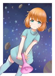 Rule 34 | 1girl, absurdres, asteroid, atorie, blue dress, closed mouth, cowboy shot, crazy galaxy, dress, female focus, highres, megaphone, nintendo, orange hair, planet, short hair, short sleeves, smile, space, star (symbol), starry background, thighhighs, turquoise eyes, turtleneck, vanessa (crazy galaxy)
