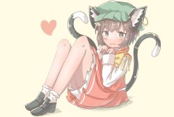 Rule 34 | 1girl, :3, animal ear fluff, animal ears, blush, bow, bowtie, brown eyes, brown hair, cat ears, cat tail, chen, dress, earrings, full body, gold trim, hat, heart, highres, jewelry, knees up, kotatsune, looking at viewer, mob cap, multiple tails, nekomata, paw pose, pink background, red dress, short hair, simple background, single earring, sitting, solo, tail, touhou, two tails, yellow bow, yellow bowtie
