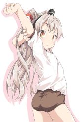 Rule 34 | 1girl, amatsukaze (kancolle), ass, blush, brown buruma, brown eyes, buruma, closed mouth, covered erect nipples, grey hair, gym shirt, gym uniform, hair tubes, ham (points), kantai collection, long hair, outline, shirt, simple background, solo, stretching, two side up, white background, white shirt
