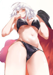 Rule 34 | 1girl, ahoge, bikini, black bikini, blush, breasts, ceda (dace), cowboy shot, fate/grand order, fate (series), from below, gluteal fold, hand to own mouth, highres, jeanne d&#039;arc (fate), jeanne d&#039;arc alter (fate), jeanne d&#039;arc alter (ver. shinjuku 1999) (fate), large breasts, navel, official alternate costume, parted lips, short hair, simple background, solo, standing, sweatdrop, swimsuit, underboob, white background, white hair, yellow eyes