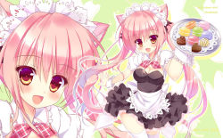 Rule 34 | 1girl, ameto yuki, animal ears, bad id, bad pixiv id, breasts, candy, cat ears, chocolate, chocolate heart, cleavage, food, heart, macaron, maid headdress, original, pink eyes, pink hair, thighhighs, tray, twintails, waitress, white thighhighs, wrist cuffs, zoom layer