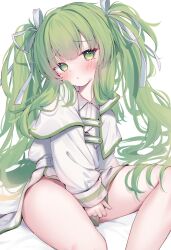 Rule 34 | 1girl, bed sheet, blush, capelet, closed mouth, dress, eip (pepai), green eyes, green hair, hair ribbon, head tilt, long hair, long sleeves, looking at viewer, original, ribbon, sidelocks, simple background, sitting, sleeves past wrists, solo, thighs, two side up, white background, white capelet, white dress, white ribbon