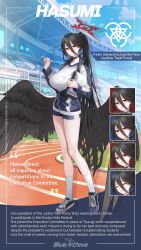 Rule 34 | 1girl, bike shorts, black choker, black hair, black wings, blue archive, blue jacket, breasts, character name, choker, clipboard, closed eyes, clothes writing, copyright name, expressions, feathered wings, full body, gym shorts, gym uniform, halo, hands up, hasumi (blue archive), hasumi (track) (blue archive), high ponytail, highres, holding, holding clipboard, holding pen, huge breasts, jacket, kneehighs, large wings, long hair, low wings, mole, mole under eye, multiple views, mx2j, official alternate costume, official art, open mouth, parted lips, partially unzipped, pen, ponytail, red eyes, shirt, shoes, shorts, sneakers, socks, standing, thighs, track jacket, very long hair, white shirt, wings, zipper, zipper pull tab