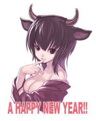 Rule 34 | 00s, 1girl, 2009, animal ears, bare shoulders, black eyes, black hair, breasts, cow ears, english text, female focus, horns, japanese clothes, kiran (kiranpln), new year, short hair, simple background, smile, solo