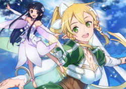 Rule 34 | 10s, 2girls, barefoot, black eyes, black hair, blonde hair, breasts, bunbun, cleavage, collar, collarbone, detached sleeves, dress, fairy, feet, green eyes, hair ornament, highres, large breasts, leafa, long hair, looking at viewer, mini person, minigirl, mother and daughter, multiple girls, official art, open mouth, pointy ears, ponytail, strapless, strapless dress, sword art online, white dress, yui (sao), yui (sao-alo)