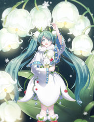 Rule 34 | 1girl, aqua hair, arm up, blue eyes, capelet, dress, flower, hair flower, hair ornament, hatsune miku, headset, highres, holding, holding stuffed toy, kicchan, lily of the valley, long hair, looking at viewer, open mouth, rabbit, snowflakes, standing, stuffed animal, stuffed rabbit, stuffed toy, twintails, very long hair, vocaloid, water drop, white dress, wide sleeves, yuki miku, yukine (vocaloid)