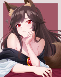 Rule 34 | 1girl, :t, animal ears, bare shoulders, brown hair, dress, highres, imaizumi kagerou, jewelry, kisaragi koushi, long hair, looking at viewer, off-shoulder dress, off shoulder, parted bangs, pout, red eyes, solo, tail, touhou, wide sleeves, wolf ears, wolf girl, wolf tail