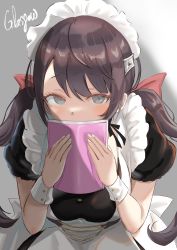 Rule 34 | 1girl, absurdres, apron, azur lane, breasts, brown dress, brown hair, character name, covered mouth, dress, glasgow (azur lane), grey background, grey eyes, highres, holding, holding notebook, looking at viewer, maid apron, maid headdress, medium breasts, notebook, puffy short sleeves, puffy sleeves, sankyo (821-scoville), short sleeves, solo, twintails, upper body, white apron, wrist cuffs