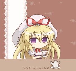 Rule 34 | 1girl, bad id, bad pixiv id, blonde hair, blush, chibi, choker, commentary request, corset, cup, dress, english text, hair between eyes, hat, holding, holding cup, kashimu, looking at viewer, mob cap, patterned background, puffy short sleeves, puffy sleeves, ribbon choker, saucer, short sleeves, sitting, smile, solo, teacup, teapot, touhou, upper body, white dress, yakumo yukari