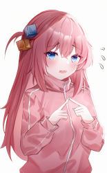 Rule 34 | 1girl, absurdres, blue eyes, blush, bocchi the rock!, commentary request, cube hair ornament, gotoh hitori, hair between eyes, hair ornament, highres, jacket, long hair, long sleeves, looking at viewer, one side up, open mouth, pink hair, pink jacket, pink track suit, simple background, solo, track jacket, upper body, usagi (786113654), white background