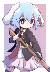 Rule 34 | 1girl, animal ears, black jacket, black thighhighs, blue hair, bolt action, border, bright pupils, casing ejection, closed mouth, collared shirt, grey background, gun, highres, holding, holding gun, holding weapon, jacket, light blue hair, looking at viewer, mauser 98, mr.turtle head, necktie, one-hour drawing challenge, pink skirt, rabbit ears, rabbit girl, rabbit tail, red eyes, red necktie, reisen (touhou bougetsushou), rifle, shell casing, shirt, skirt, solo, tail, thighhighs, touhou, weapon, white border, white pupils, white shirt