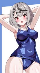 Rule 34 | 1girl, absurdres, arms behind head, black hair, blue one-piece swimsuit, breasts, collarbone, covered navel, grey hair, hair ornament, highres, hololive, looking at viewer, medium breasts, minasoko1130, multicolored hair, old school swimsuit, one-piece swimsuit, red eyes, sakamata chloe, school swimsuit, shiny clothes, short hair, solo, streaked hair, swimsuit, two-tone hair, virtual youtuber, x hair ornament