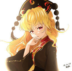 Rule 34 | 10s, 1girl, 2015, bad id, bad pixiv id, blonde hair, dated, eyebrows, from side, glowing, gotou (nekocat), hat, junko (touhou), long hair, long sleeves, looking at viewer, pinky out, simple background, solo, tabard, tassel, touhou, upper body, white background, wide sleeves