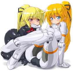 Rule 34 | 10s, 2girls, all fours, alternate color, arm support, arnval, ass, bad id, bad pixiv id, blonde hair, blue eyes, blush, bodysuit, breasts, busou shinki, cameltoe, cleft of venus, dd (ijigendd), doll joints, dual persona, fat mons, grabbing another&#039;s chin, hair ribbon, hand on another&#039;s chin, joints, legs, long hair, medium breasts, multiple girls, ponytail, red eyes, ribbon, shiny clothes, smile, trefoil, yuri