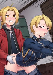Rule 34 | 1girl, ahoge, ass, bent over, blonde hair, blush, braid, breasts, breath, brown eyes, clenched teeth, clothed sex, clothes pull, earrings, edward elric, embarrassed, fullmetal alchemist, gloves, highres, indoors, jacket, jewelry, large breasts, legs, looking back, mackgee, military, military uniform, no panties, open mouth, pants, pants pull, red jacket, riza hawkeye, sex, short hair, single braid, speed lines, standing, sweat, teeth, thighs, uniform, vaginal, white gloves, yellow eyes