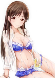 Rule 34 | 1girl, arm support, bikini, bikini under clothes, blue bikini, blush, breasts, brown eyes, brown hair, cleavage, closed mouth, collared shirt, dress shirt, frilled bikini, frills, idolmaster, idolmaster cinderella girls, leaning to the side, long hair, long sleeves, looking at viewer, medium breasts, nannacy7, navel, nitta minami, shirt, sitting, smile, soap, solo, sponge, stomach, swimsuit, unbuttoned, unbuttoned shirt, water, wet, wet clothes, wet shirt, white shirt, wristband
