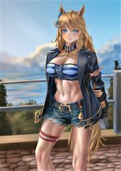 Rule 34 | 1girl, animal ears, bandeau, belt, black belt, black choker, black jacket, blonde hair, blue eyes, blue sky, blush, breasts, choker, cleavage, cloud, commentary, cutoffs, day, feet out of frame, gloves, gold city (umamusume), highres, horse ears, jacket, large breasts, long hair, long sleeves, looking at viewer, midriff, navel, open clothes, open jacket, outdoors, railing, short shorts, shorts, single glove, sky, smile, solo, standing, stomach, strapless, striped bandeau, tail, thigh strap, thighs, tigern (tigern28502735), tube top, umamusume, water