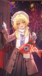Rule 34 | 1girl, :d, alternate costume, artist name, bag, beret, black skirt, blonde hair, blush, brown coat, coat, commentary request, cowboy shot, fireworks, fish, flower, genshin impact, hair flower, hair ornament, hat, highres, holding, long sleeves, looking at viewer, lumine (genshin impact), night, open clothes, open coat, open door, open mouth, purple sweater, scarf, shopping bag, short hair with long locks, skirt, sleeves past wrists, smile, solo, sweater, white flower, white hat, white scarf, yellow eyes, yukiri (l ii)
