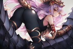 Rule 34 | 1girl, ass, bare shoulders, bent over, black bodysuit, bodysuit, breasts, check copyright, commentary request, copyright request, covered anus, dragon tail, duplicate, gauntlets, granblue fantasy, hair between eyes, highres, long hair, md5 mismatch, medium breasts, medusa (shingeki no bahamut), red eyes, resolution mismatch, shadowverse, shingeki no bahamut, snm (sunimi), solo, source smaller, tail, white hair
