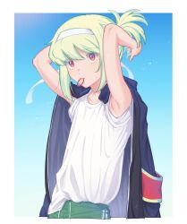 Rule 34 | 1boy, armband, armpits, arms up, black jacket, blonde hair, blue background, border, colored eyelashes, commentary, gradient background, green pants, headband, highres, jacket, jacket on shoulders, kome 1022, lio fotia, male focus, pants, promare, purple eyes, red armband, shirt, short hair, solo, standing, sweat, symbol-only commentary, trap, tying hair, white border, white headband, white shirt